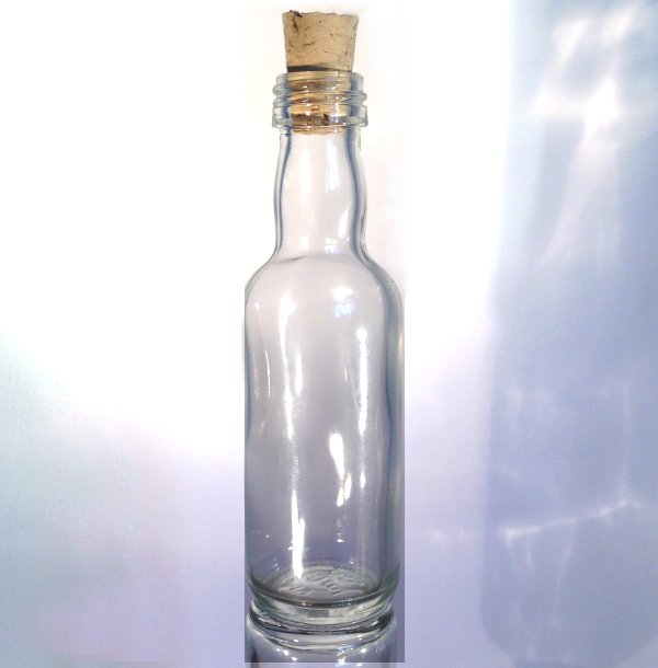 50ml clear glass miniature spirit bottles with cork.                