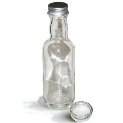 50ml clear glass miniature spirit bottles with Silver Aluminium Lids Perfect for original wedding favour or gift.